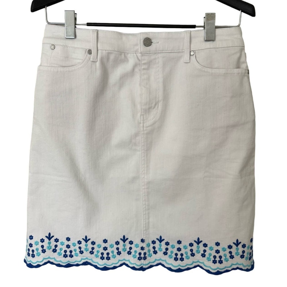 Talbots White Denim Skirt with Blue Floral Embroidery Size 6